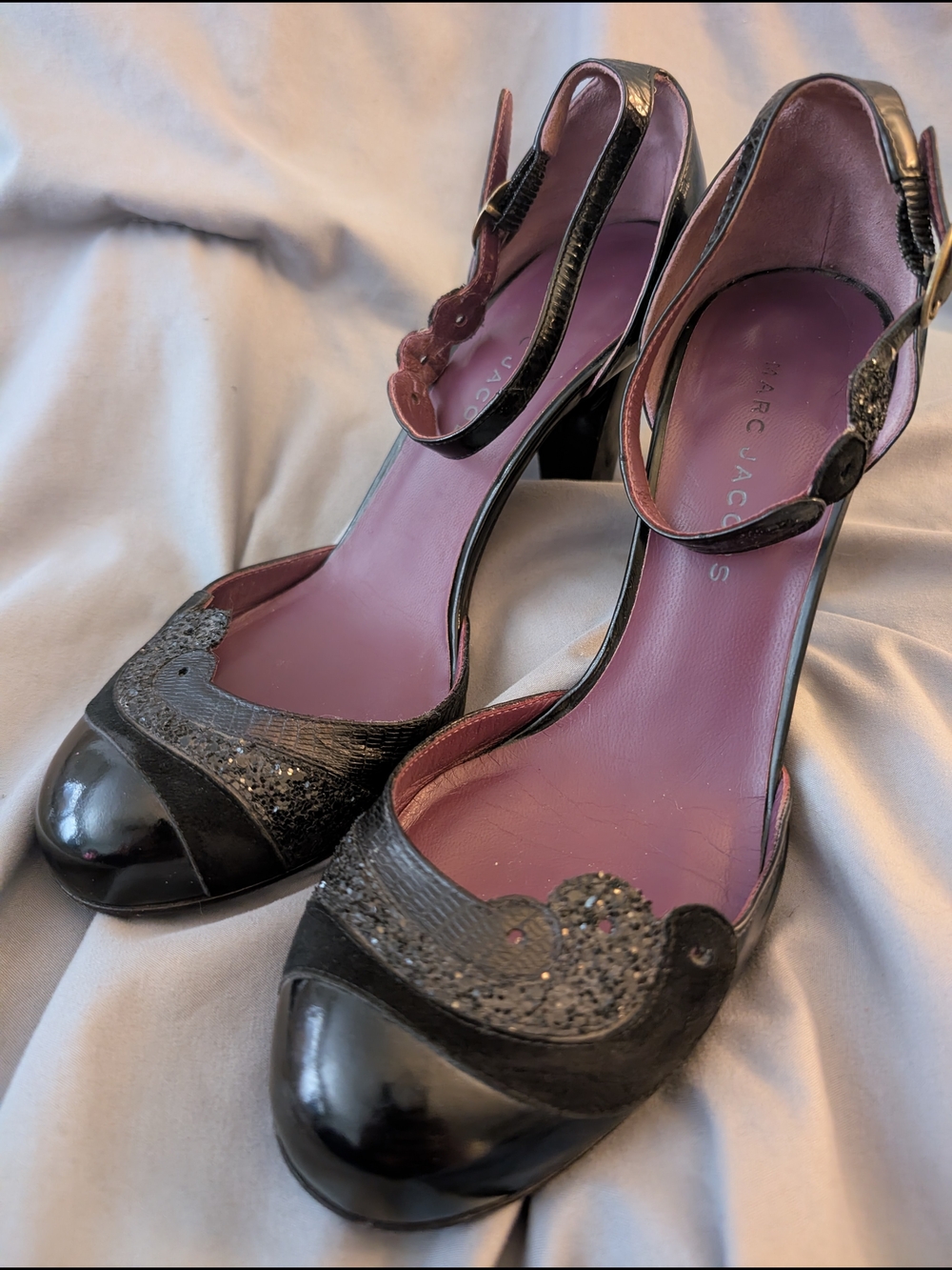 Marc Jacobs Black & Purple Round-Toe Ankle-Strap Heels
